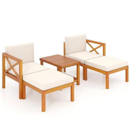 5 Pieces Acacia Wood Patio Lounge Chair Set with Ottomans and Cushions-White - White - Patio Conversation Sets