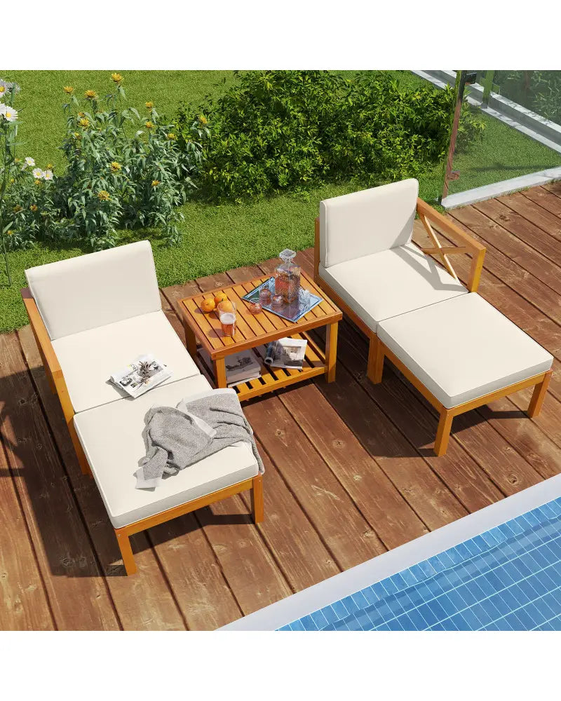 5 Pieces Acacia Wood Patio Lounge Chair Set with Ottomans and Cushions-White - White - Patio Conversation Sets