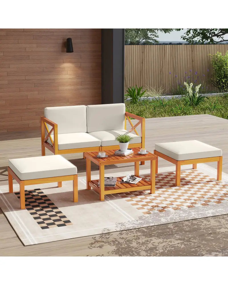 5 Pieces Acacia Wood Patio Lounge Chair Set with Ottomans and Cushions-White - White - Patio Conversation Sets