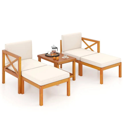 5 Pieces Acacia Wood Patio Lounge Chair Set with Ottomans and Cushions-White - White - Patio Conversation Sets