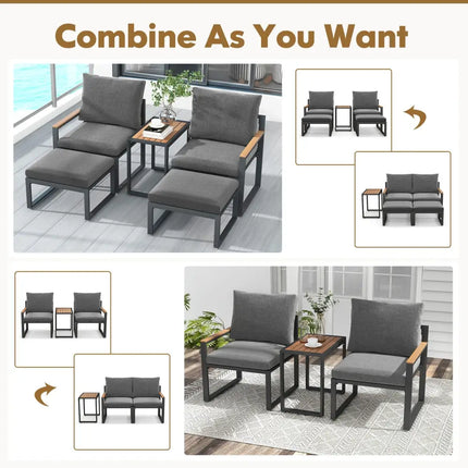 5 Pieces Aluminum Frame Weatherproof Outdoor Conversation Set with Soft Cushions-Gray - Gray - Patio Conversation Sets