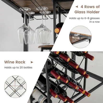 5 Pieces Bar Table and Stools Set with Wine Rack and Glass Holder-Rustic Brown Costway