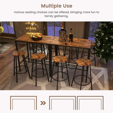 5 Pieces Bar Table and Stools Set with Wine Rack and Glass Holder-Rustic Brown Costway