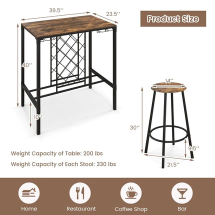 5 Pieces Bar Table and Stools Set with Wine Rack and Glass Holder-Rustic Brown Costway