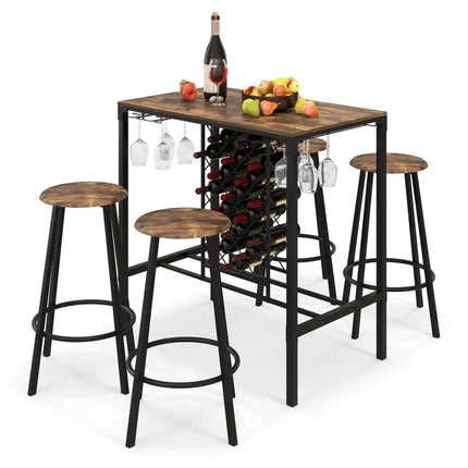 5 Pieces Bar Table and Stools Set with Wine Rack and Glass Holder-Rustic Brown Costway