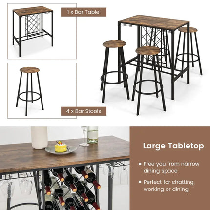 5 Pieces Bar Table and Stools Set with Wine Rack and Glass Holder-Rustic Brown Costway