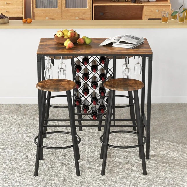 5 Pieces Bar Table and Stools Set with Wine Rack and Glass Holder-Rustic Brown Costway