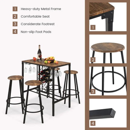 5 Pieces Bar Table and Stools Set with Wine Rack and Glass Holder-Rustic Brown Costway