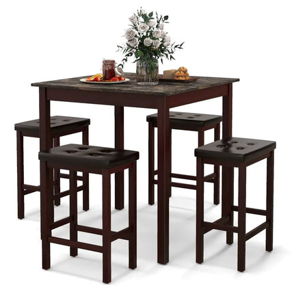 5 Pieces Bar Table Set Counter-Height Dining Table and 4 Bar Stools-Brown Costway