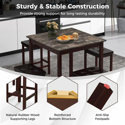 5 Pieces Bar Table Set Counter-Height Dining Table and 4 Bar Stools-Brown Costway