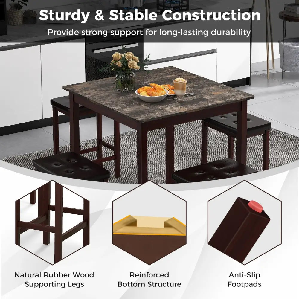 5 Pieces Bar Table Set Counter-Height Dining Table and 4 Bar Stools-Brown - Brown - Dining Room Sets