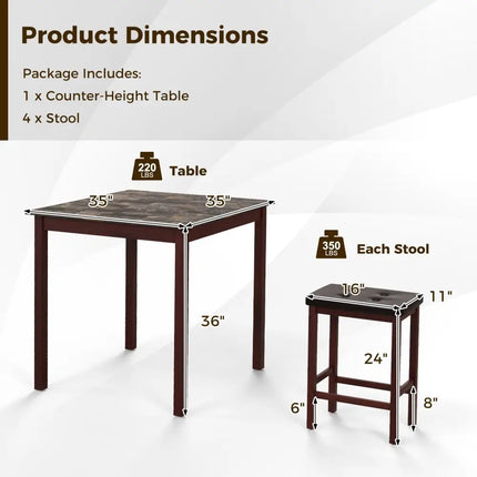 5 Pieces Bar Table Set Counter-Height Dining Table and 4 Bar Stools-Brown Costway