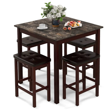 5 Pieces Bar Table Set Counter-Height Dining Table and 4 Bar Stools-Brown Costway