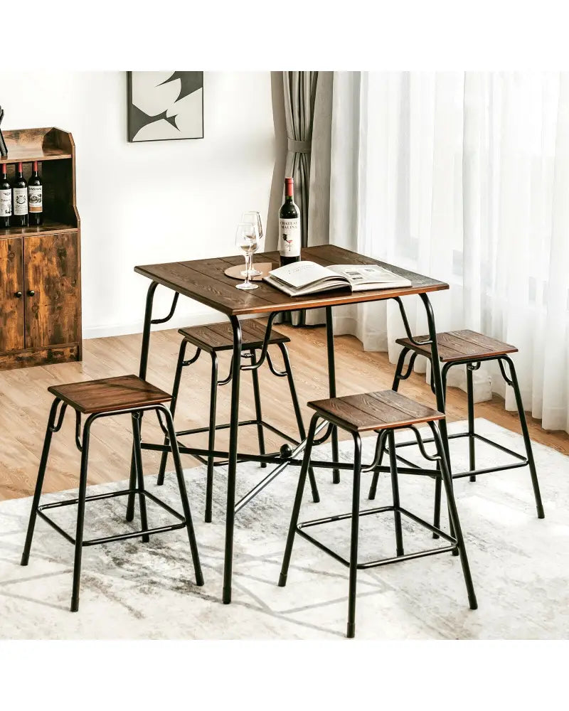 5 Pieces Bar Table Set with 4 Counter Height Backless Stools-Rustic Brown - Rustic Brown - Dining Room Sets