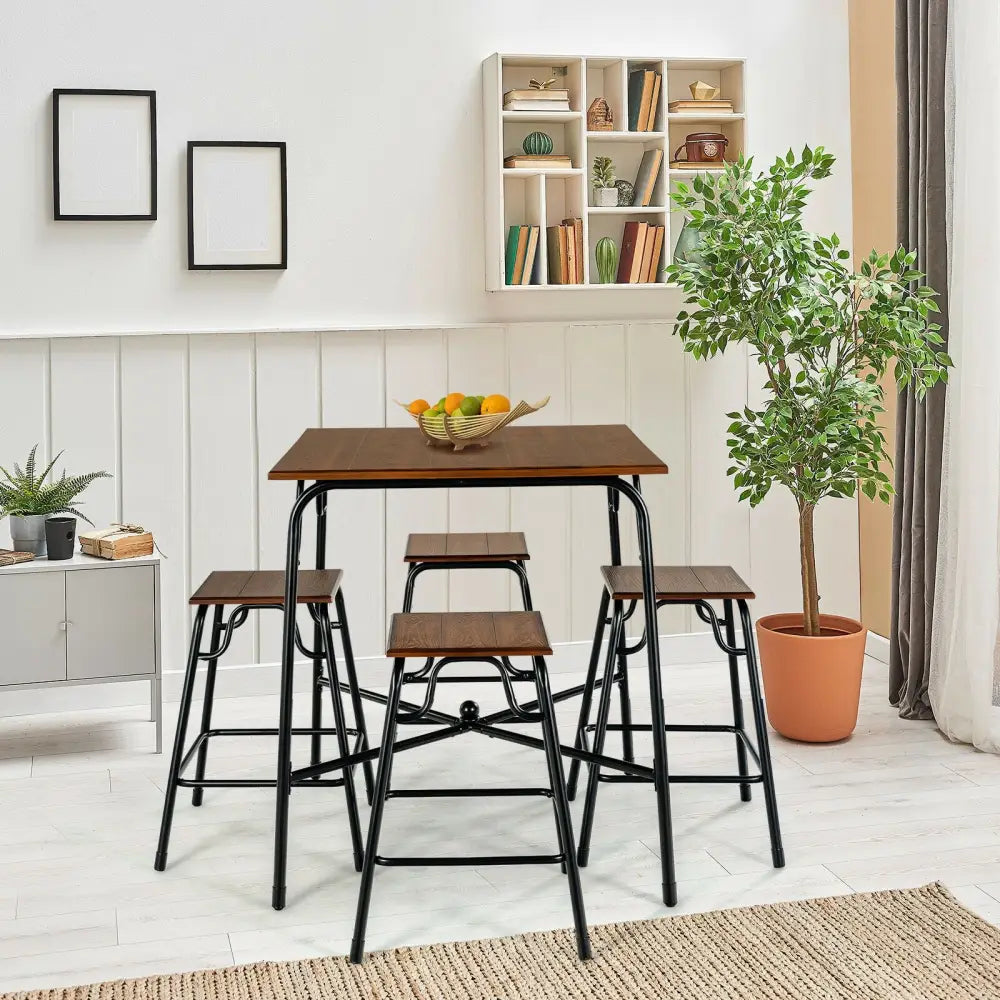 5 Pieces Bar Table Set with 4 Counter Height Backless Stools-Rustic Brown - Rustic Brown - Dining Room Sets