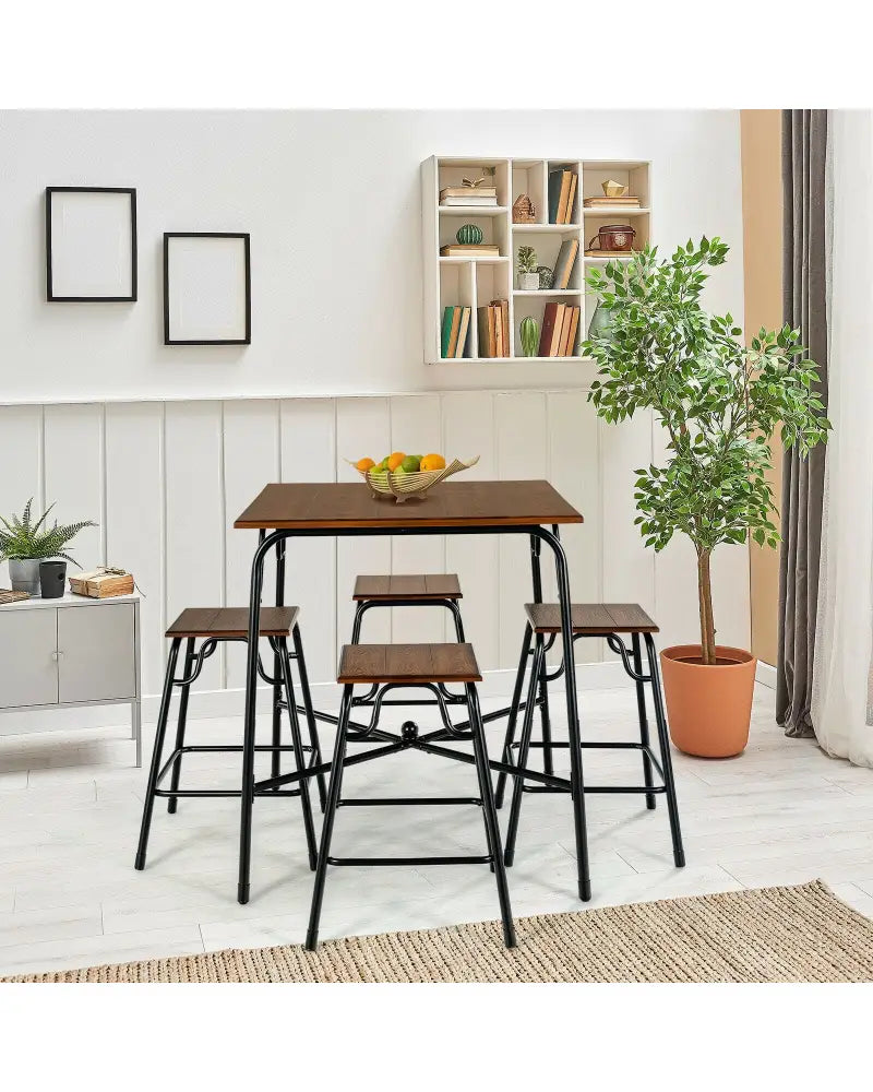 5 Pieces Bar Table Set with 4 Counter Height Backless Stools-Rustic Brown - Rustic Brown - Dining Room Sets