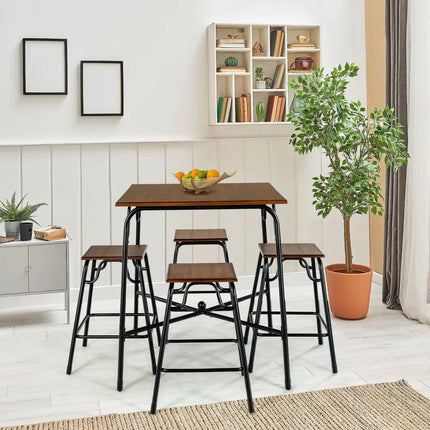 5 Pieces Bar Table Set with 4 Counter Height Backless Stools-Rustic Brown Costway