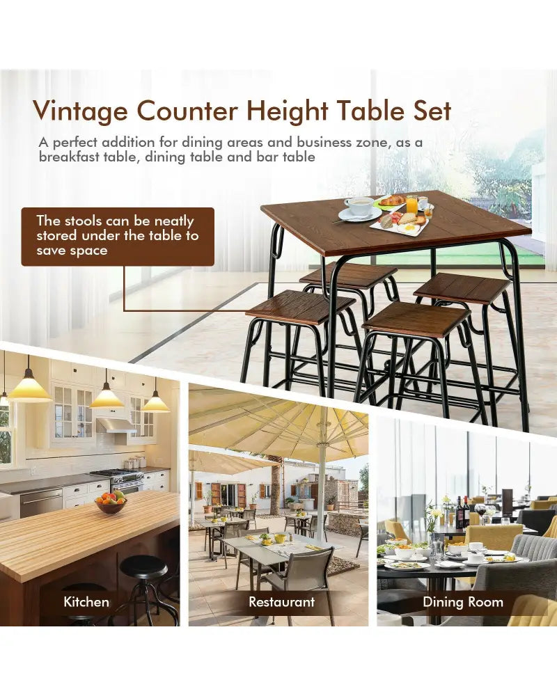 5 Pieces Bar Table Set with 4 Counter Height Backless Stools-Rustic Brown - Rustic Brown - Dining Room Sets