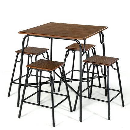 5 Pieces Bar Table Set with 4 Counter Height Backless Stools-Rustic Brown Costway