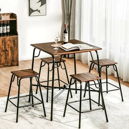 5 Pieces Bar Table Set with 4 Counter Height Backless Stools-Rustic Brown Costway