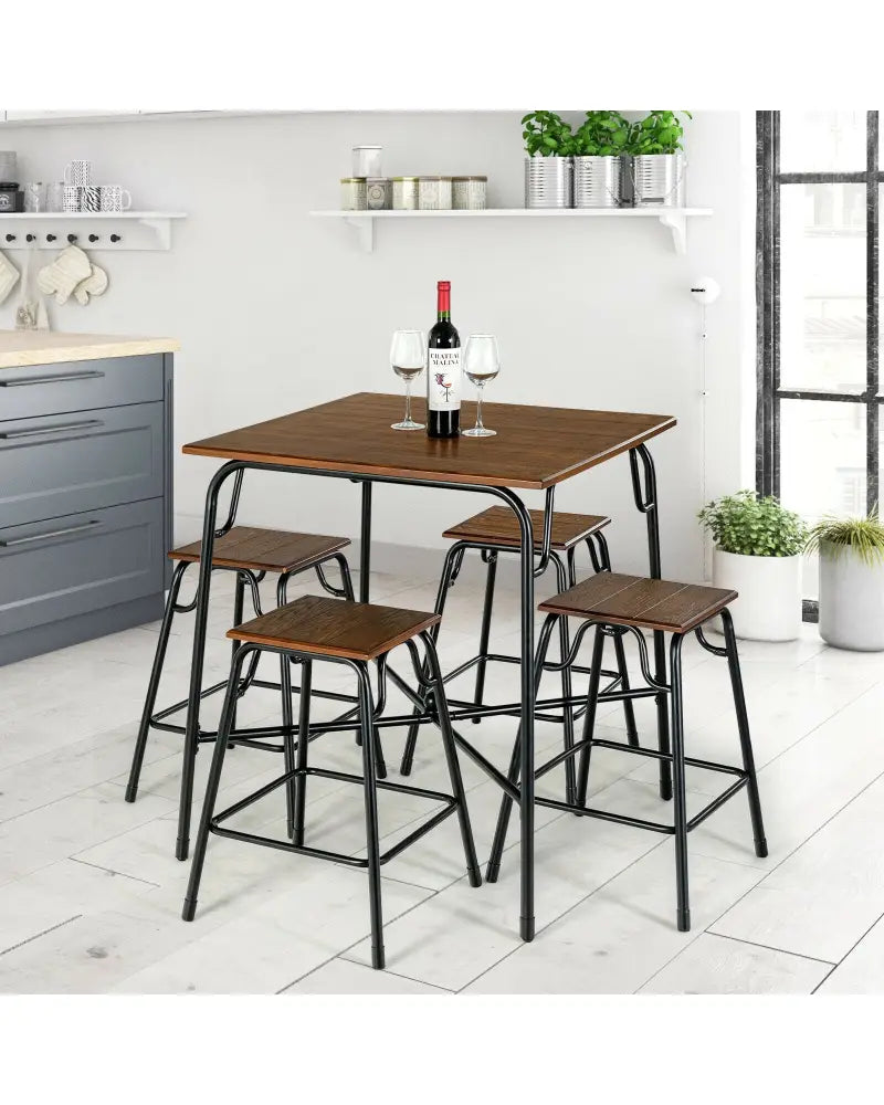 5 Pieces Bar Table Set with 4 Counter Height Backless Stools-Rustic Brown - Rustic Brown - Dining Room Sets