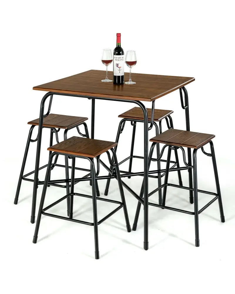 5 Pieces Bar Table Set with 4 Counter Height Backless Stools-Rustic Brown - Rustic Brown - Dining Room Sets
