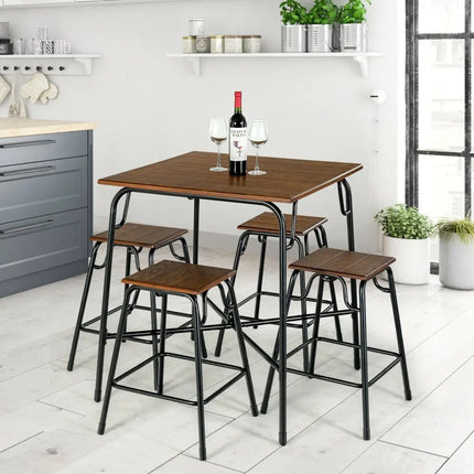 5 Pieces Bar Table Set with 4 Counter Height Backless Stools-Rustic Brown Costway