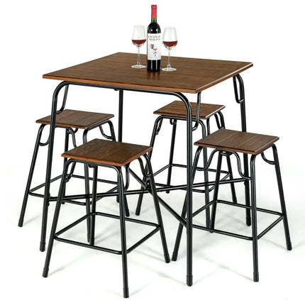 5 Pieces Bar Table Set with 4 Counter Height Backless Stools-Rustic Brown Costway