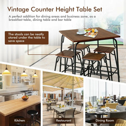 5 Pieces Bar Table Set with 4 Counter Height Backless Stools-Rustic Brown Costway
