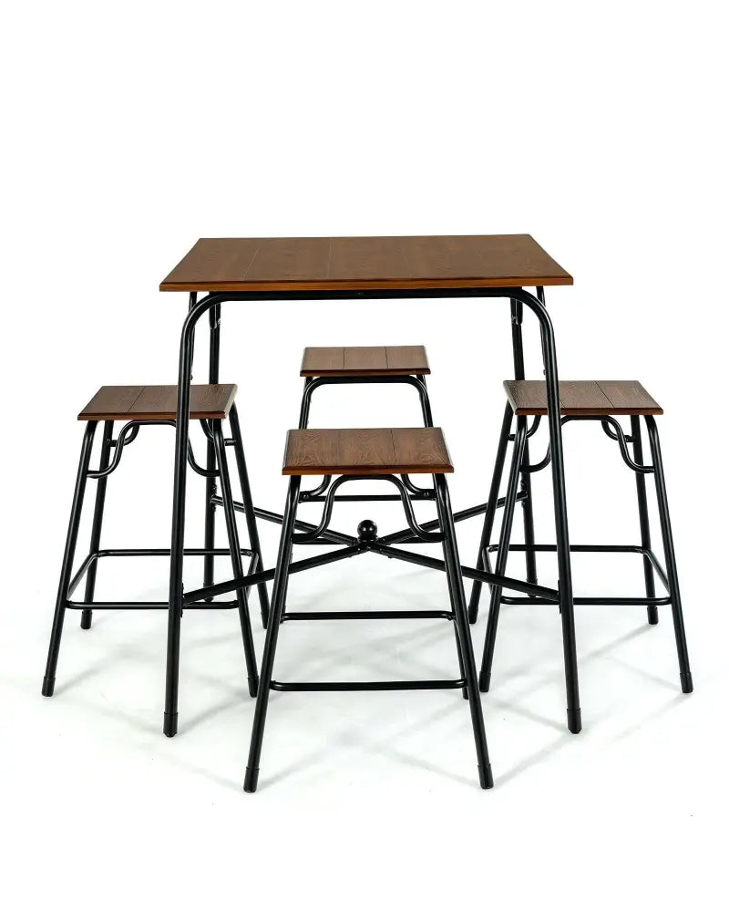 5 Pieces Bar Table Set with 4 Counter Height Backless Stools-Rustic Brown - Rustic Brown - Dining Room Sets