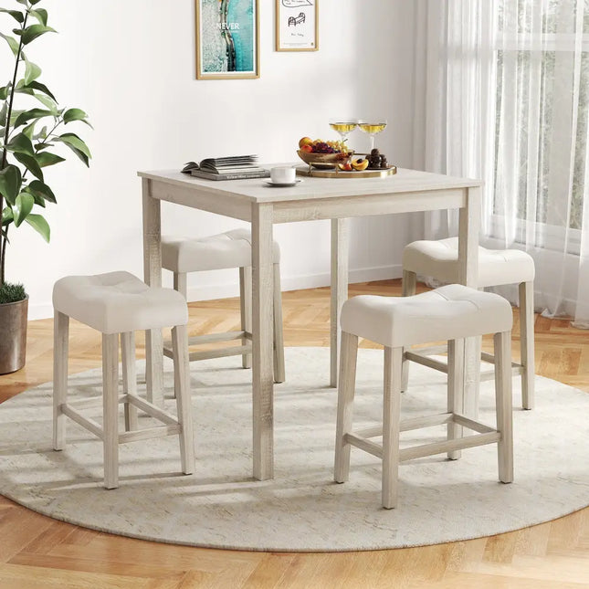 5 Pieces Bar Table Set with Square Table and 4 Padded Stools-Gray Costway
