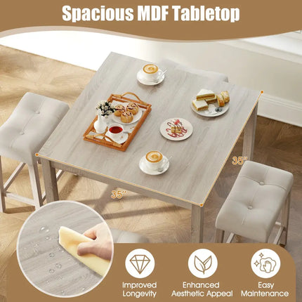 5 Pieces Bar Table Set with Square Table and 4 Padded Stools-Gray Costway