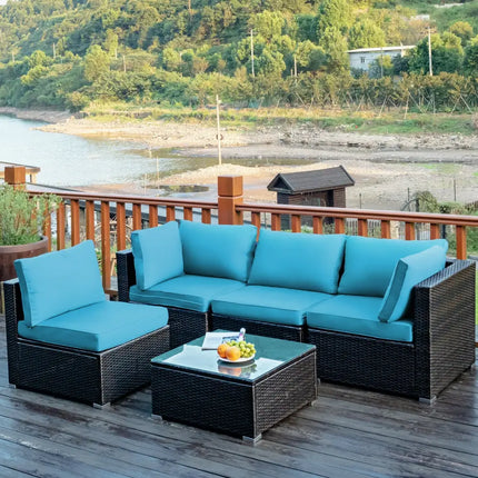 5 Pieces Cushioned Patio Rattan Furniture Set with Glass Table-Turquoise - Turquoise - Outdoor Sectionals
