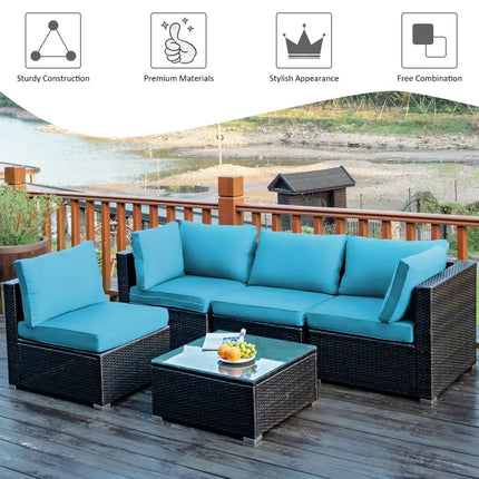 5 Pieces Cushioned Patio Rattan Furniture Set with Glass Table-Turquoise - Turquoise - Outdoor Sectionals