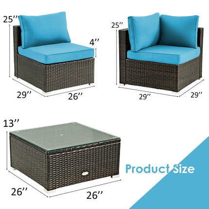 5 Pieces Cushioned Patio Rattan Furniture Set with Glass Table-Turquoise - Turquoise - Outdoor Sectionals