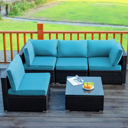 5 Pieces Cushioned Patio Rattan Furniture Set with Glass Table-Turquoise - Turquoise - Outdoor Sectionals