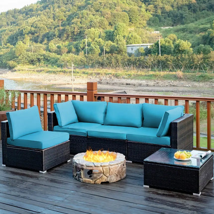 5 Pieces Cushioned Patio Rattan Furniture Set with Glass Table-Turquoise - Turquoise - Outdoor Sectionals