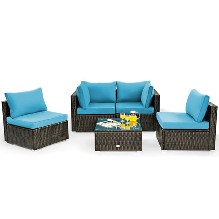 5 Pieces Cushioned Patio Rattan Furniture Set with Glass Table-Turquoise - Turquoise - Outdoor Sectionals