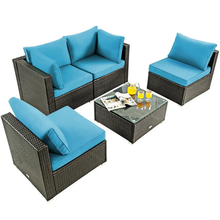 5 Pieces Cushioned Patio Rattan Furniture Set with Glass Table-Turquoise - Turquoise - Outdoor Sectionals