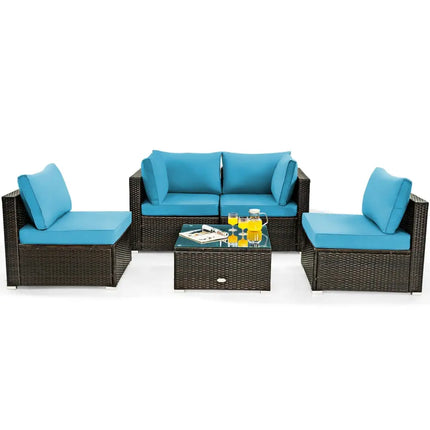 5 Pieces Cushioned Patio Rattan Furniture Set with Glass Table-Turquoise - Turquoise - Outdoor Sectionals
