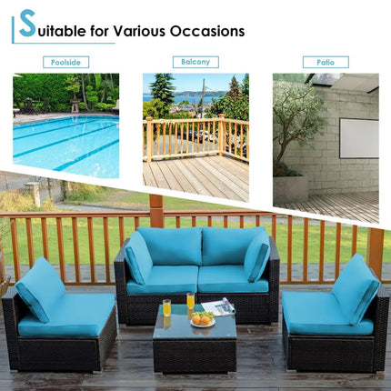5 Pieces Cushioned Patio Rattan Furniture Set with Glass Table-Turquoise - Turquoise - Outdoor Sectionals