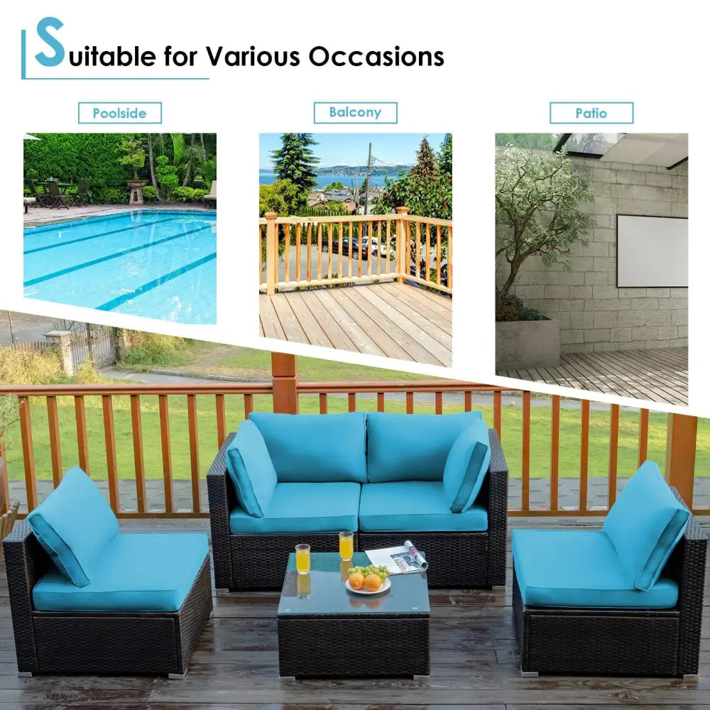5 Pieces Cushioned Patio Rattan Furniture Set with Glass Table-Turquoise - Turquoise - Outdoor Sectionals