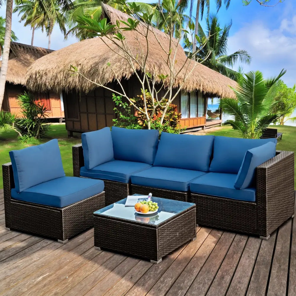 5 Pieces Cushioned Patio Rattan Furniture Set with Glass Table-Navy - Navy - Outdoor Sectionals