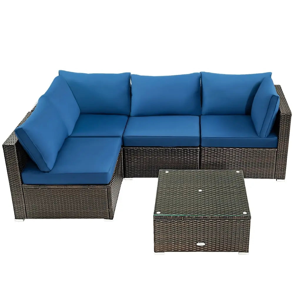 5 Pieces Cushioned Patio Rattan Furniture Set with Glass Table-Navy - Navy - Outdoor Sectionals
