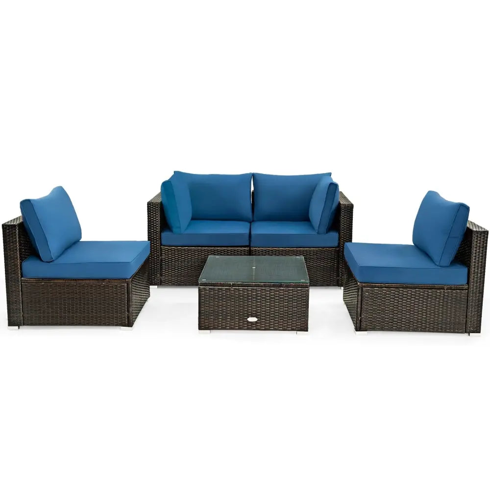 5 Pieces Cushioned Patio Rattan Furniture Set with Glass Table-Navy - Navy - Outdoor Sectionals