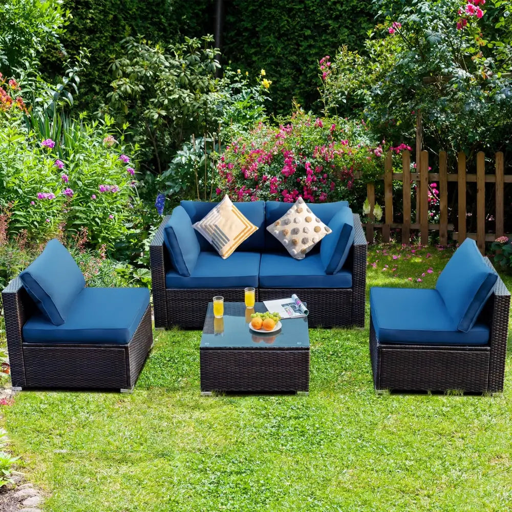 5 Pieces Cushioned Patio Rattan Furniture Set with Glass Table-Navy - Navy - Outdoor Sectionals