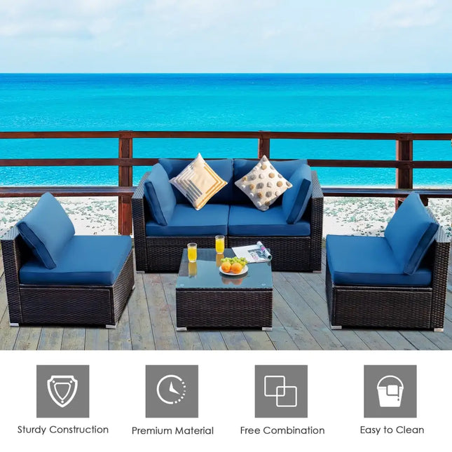 5 Pieces Cushioned Patio Rattan Furniture Set with Glass Table-Navy - Navy - Outdoor Sectionals