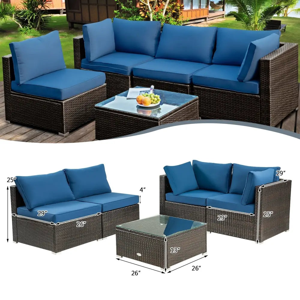 5 Pieces Cushioned Patio Rattan Furniture Set with Glass Table-Navy - Navy - Outdoor Sectionals