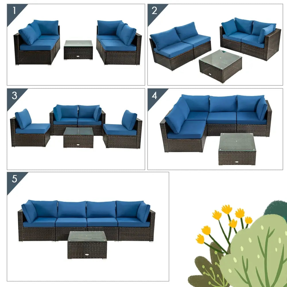 5 Pieces Cushioned Patio Rattan Furniture Set with Glass Table-Navy - Navy - Outdoor Sectionals