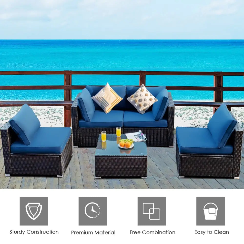 5 Pieces Cushioned Patio Rattan Furniture Set with Glass Table-Navy - Navy - Outdoor Sectionals